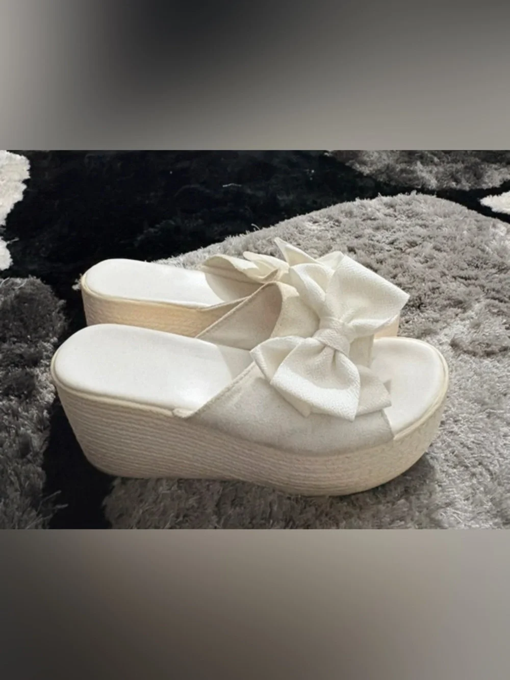 New-9 White Bow Espadrille Platform Slide Sandals - Women